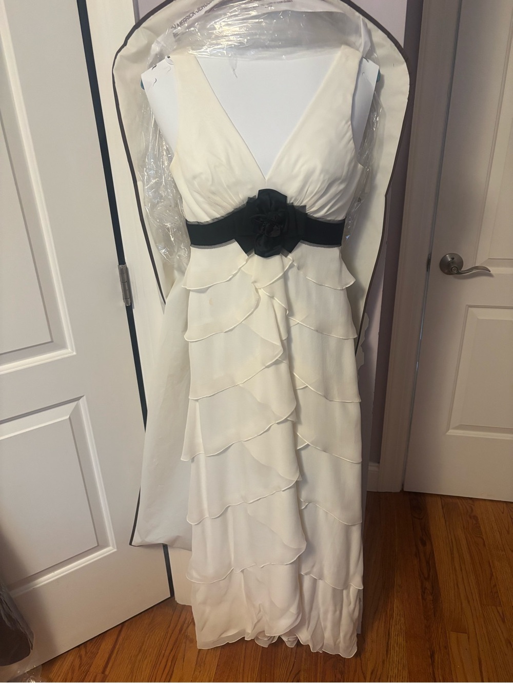 BCBGMaxAzria Ivory Maxi Dress with Black Waist Flower